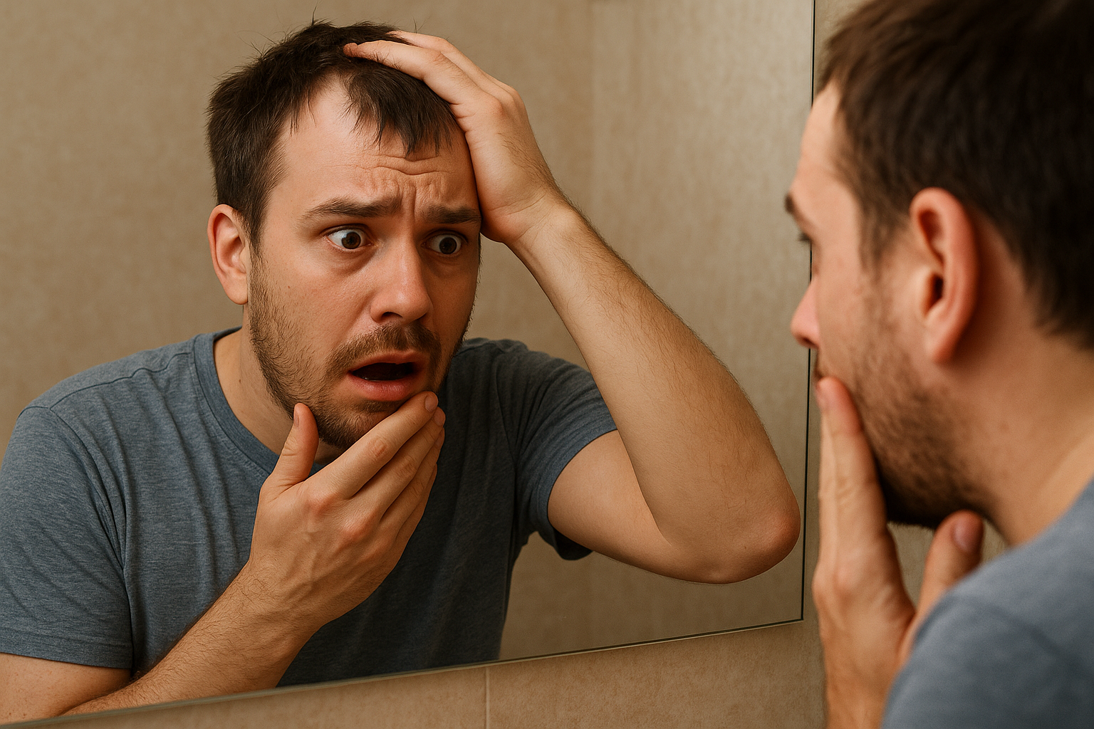 Uma pessoa se olhando no espelho com uma expressão de desespero após cometer um erro ao cortar o próprio cabelo.